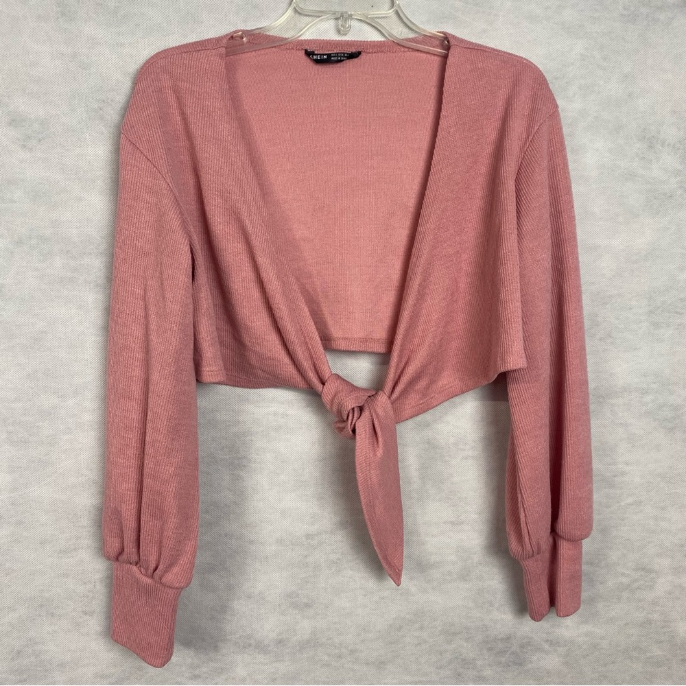 Shein Pink Tie Front Crop Cardigan Women Size Small Stretchy Knit Long Sleeve